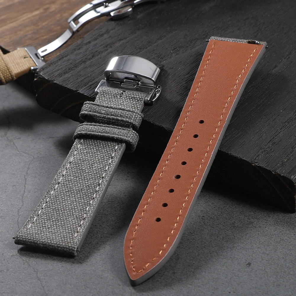 Elegant Canvas & Leather Quick Release Watch Strap - Butterfly Clasp, Tapered Design, 20mm/22mm Wide