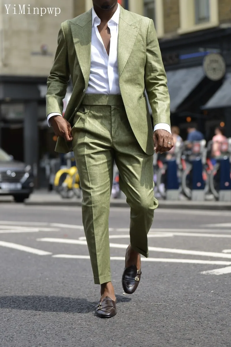 Summer Army Green Men Suits 2 Pieces Peaked Lapel Wedding Travel Daily Casual Suit Blazer Sets Costume Homme Jacket+Pants