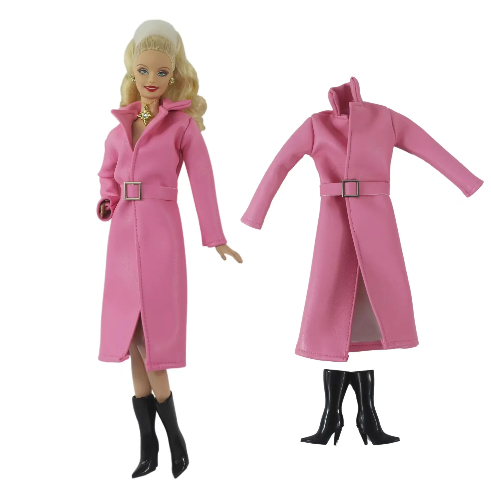 

Hot Pink Leather Parka 1/6 Doll Outfits Set for Barbie Clothes Long Coat Winter Jacket Trenchcoat Windbreak Boots Accessories