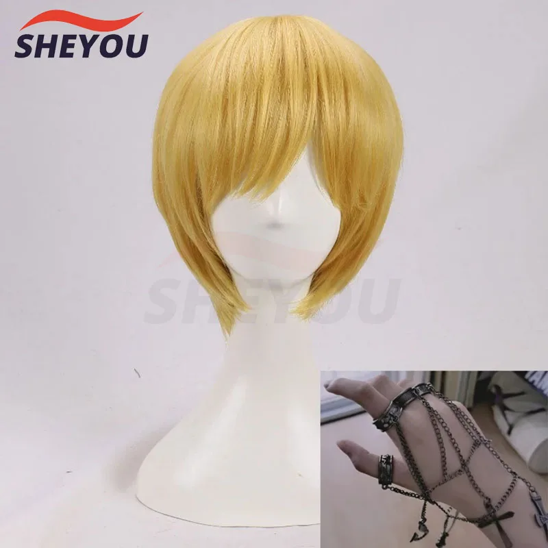 

Anime Hunter x Hunter Wigs Kurapika Short Blonde Heat Resistant Synthetic Hair Cosplay Wig + Wig Cap + Rings Chain Accessories
