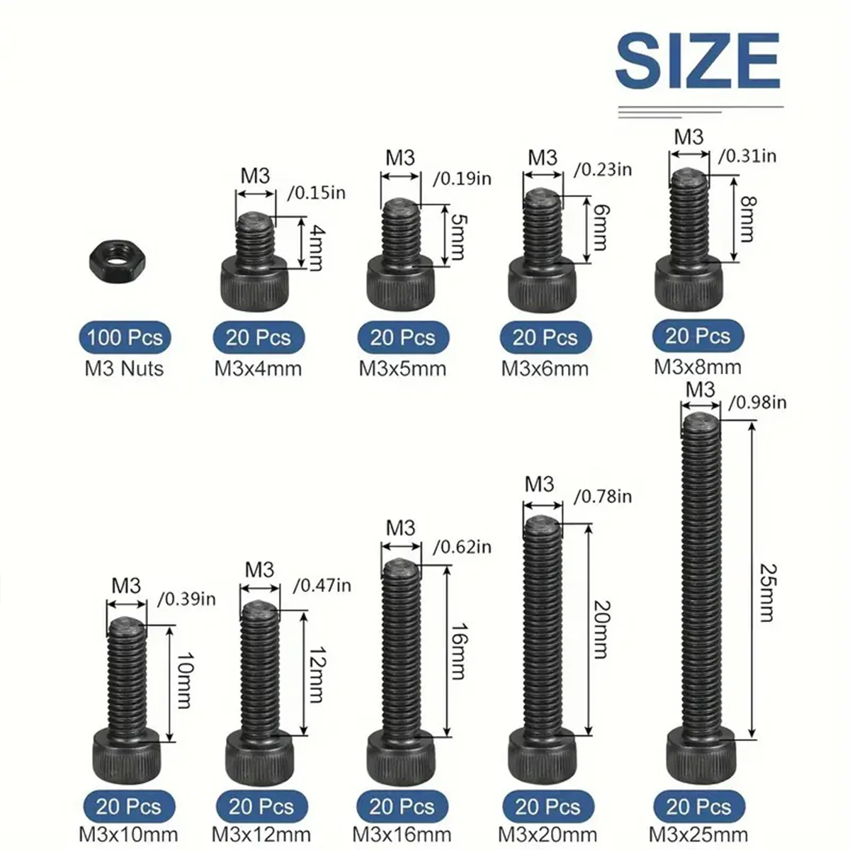280-piece M3 socket head cap screw set 12.9 grade alloy steel M3/4mm-25mm black hexagon socket head cap bolt and nut set