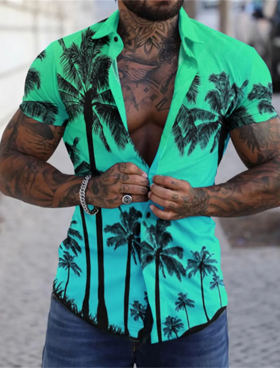 thumbnail image 1 of Camisas hawaianas para hombre con estampado gráfico de árbol hawaiano, cuello vuelto, mar, estampado 3D, ropa de calle de manga corta con botones, palmeras, playa, 1 of 4