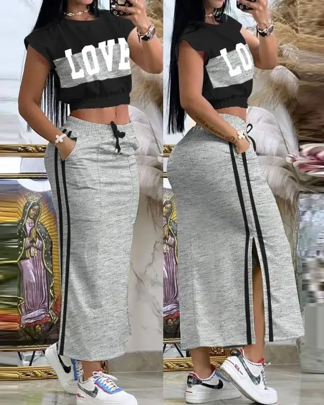 

2024 Summer Two Piece Sets Women Outifit Fashion Print Colorblock O-Neck Short Sleeve Crop Top & Casual Striped Pocket Skirt Set