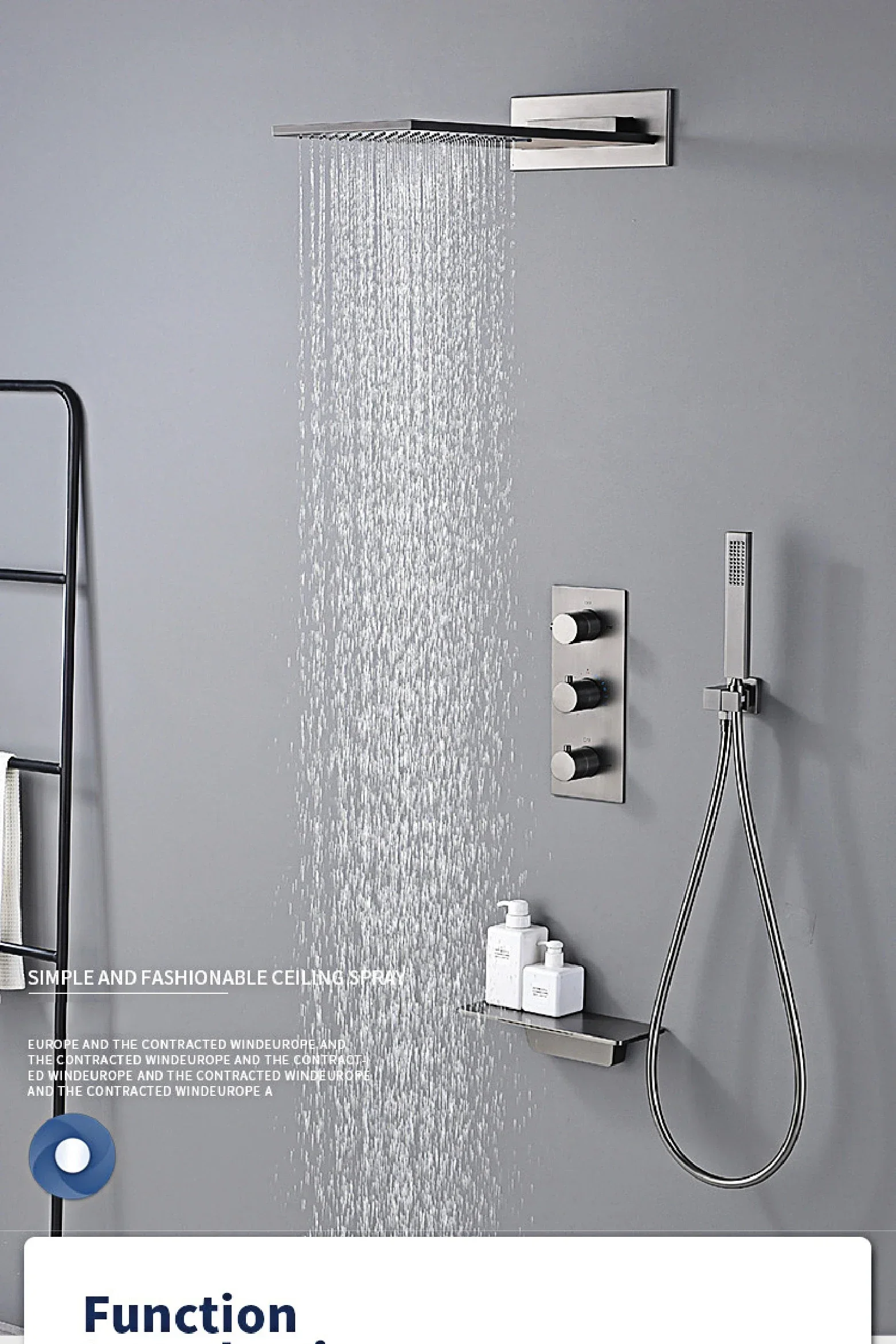 Description Picture 2 of itemDeluxe gun gray thermostatic shower system wall-mounted design 4-function cold & hot dual-control waterfall brass bathroom Tap