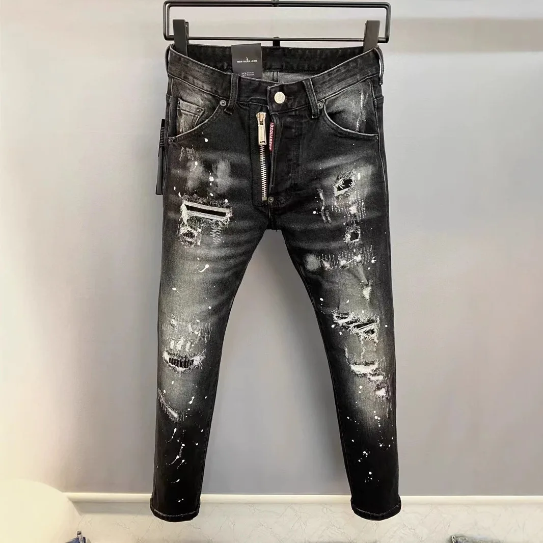 Light Luxury Washed Jeans Men's Trendy Brand Ruffian Handsome Black Ripped Patch Slim Fit Small Feet Casual Long Pants