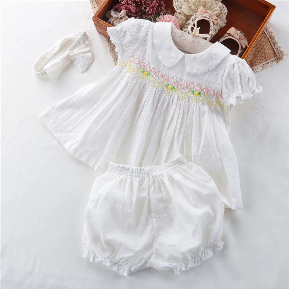 Summer Baby Girl Smocked Floral Dress Sets Shorts Headband Infant Toddler Embroidery Spanish Princess Dress 3Pcs