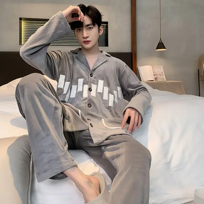 High-End Island Velvet Men Pajamas Autumn Winter Male Thicken Long Sleeve Large Size Homewear Suit Casual Simple Warm Sleepwear