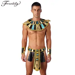 Men Egyptian Pharaoh King Cosplay Costume Sexy Low Rise Skirt with Collar Belt Cuffs for Halloween Party Ancient Egypt Dress Up