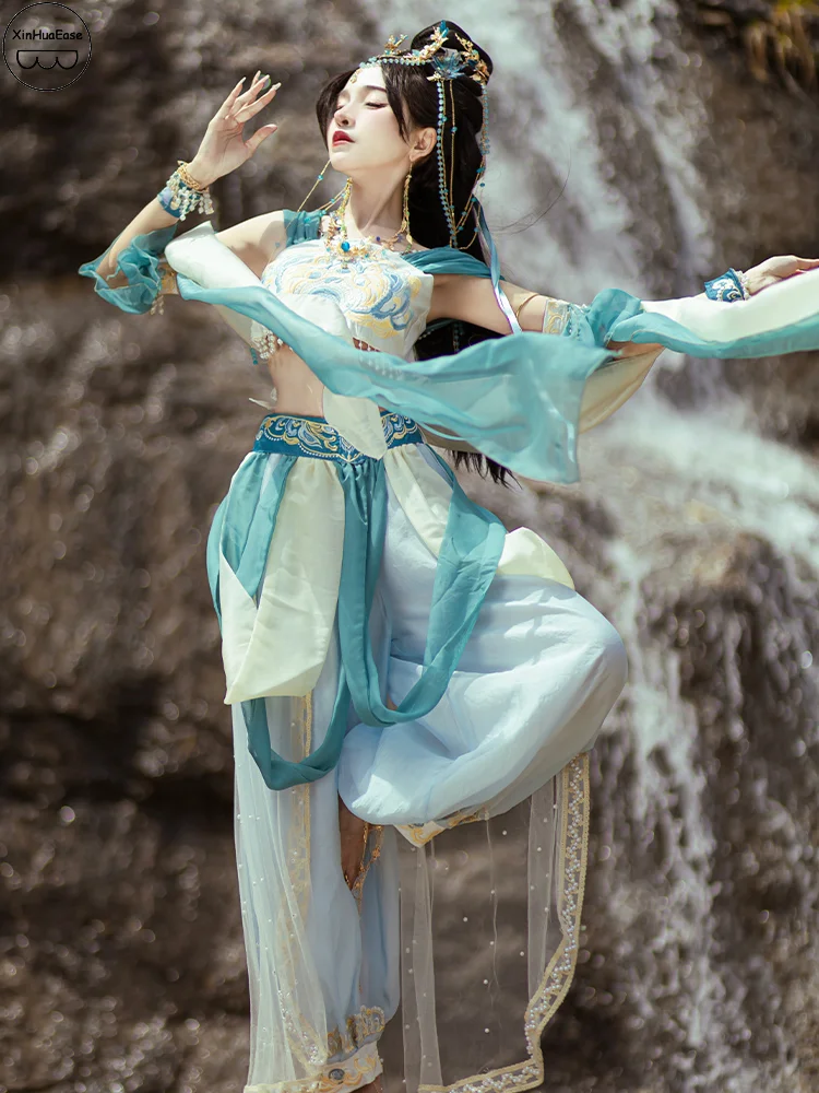 

XinHuaEase Jasmine Dunhuang Princesses Female Blue Hanfu Suit Chinese Exotic Style Flying Dance Women Costume Fairy Cosplay