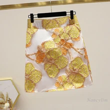 

High Waist Yellow Floral Skirt for Women Slim Fit 2022 Spring and Autumn New Ladies Embroidered Sheath A- Line Skirts Mujer