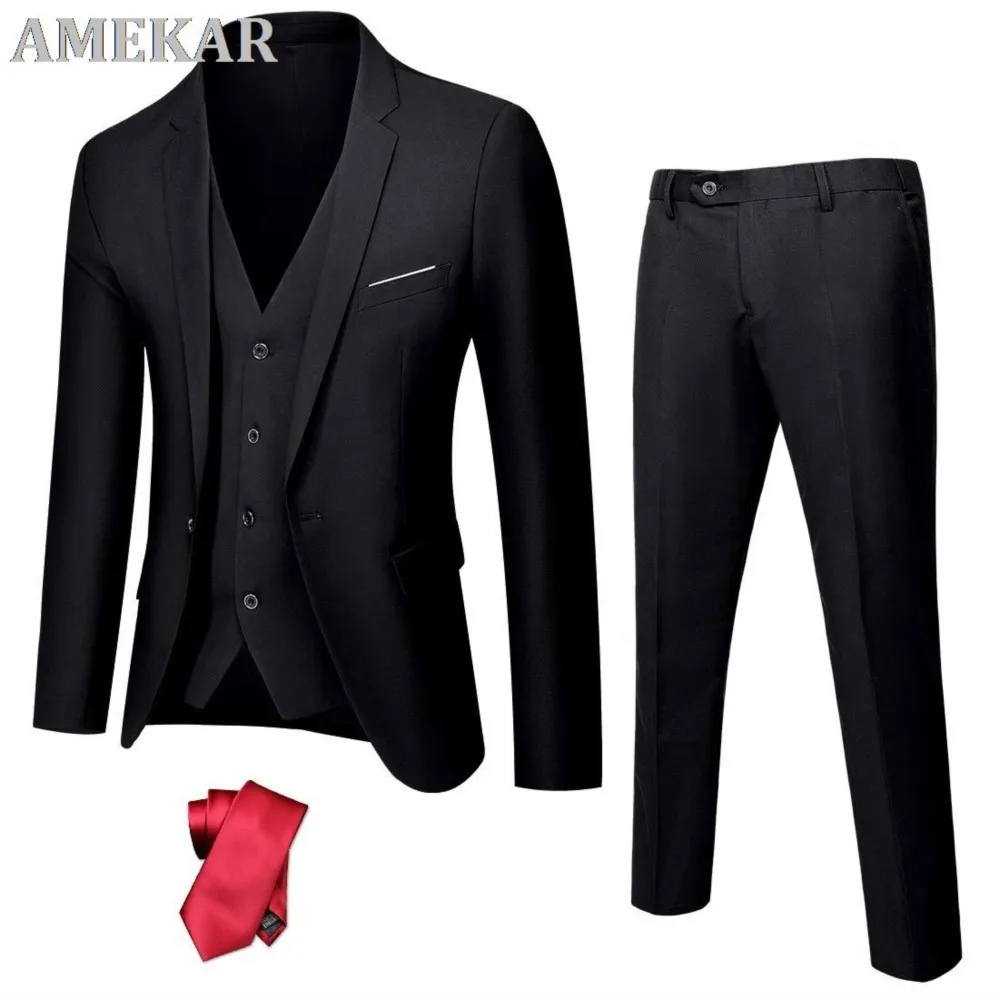 

Men's Suit 3 Piece Set One Button Slim Fit Jacket Vest Pants With Tie Classic Solid Blazer For Man Business Wedding Party Dress