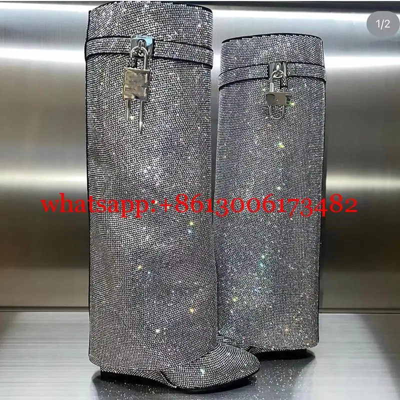 

New Blingbling Woman Design Silver Lock Knee High Crystal Wedge Boot Lady Wedge Heel Rhinestones Trousers Crystal Knee Boot