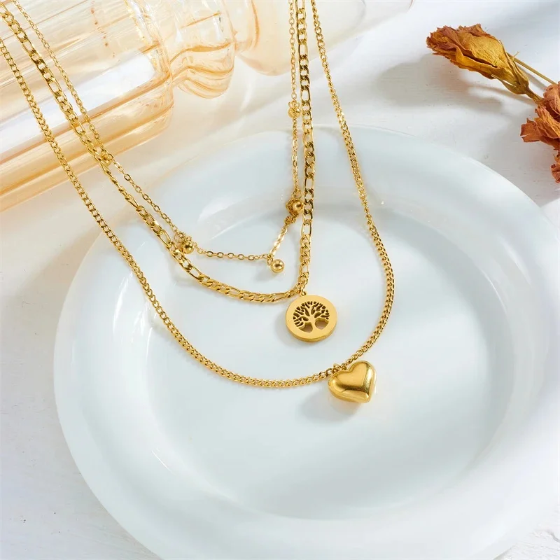 3PCS Set Heart Tree Pendant Necklace Bracelet Earring Set Gold Plating Big Heart Pendant Lucky Tree Crystal Jewelry Set 4