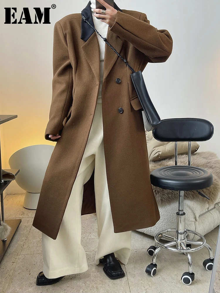 

[EAM] Coffee Color-block Big Size Long Woolen Coat New Lapel Long Sleeve Women Jacket Fashion Tide Autumn Winter 2024 1DH2142