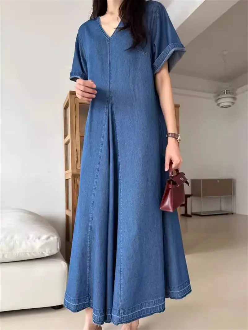 

Женское джинсовое платье с круглым вырезом, свободное повседневное плиссированное платье с короткими рукавами, модель k1241 в Корейском стиле на лето