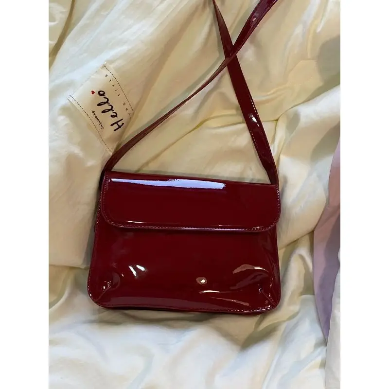 HAEX Vintage Women's Bag 2024 Trend Patent Leather Aesthetic Red Ladies Crossbody Shoulder Bags Fashion Luxury Daily Bolso Mujer