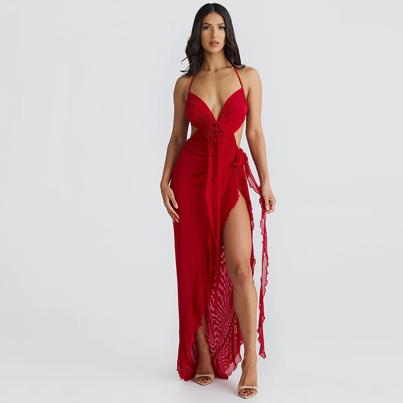 Sexy Printed Mesh Long Dress Women Lace-Up Floral Backless Hollow Out Ruffled Fashion Bandage Dress Women's Dress Summer