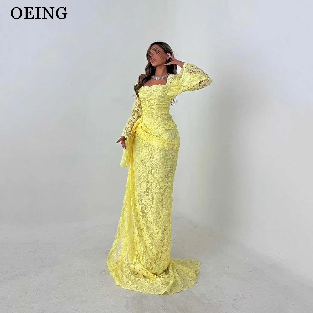 

OEING Dubai Arabia Mermaid Prom Dresses Yellow Full Lace Evening Gowns Elegant Floor Length Wedding Party Dress Event Gowns