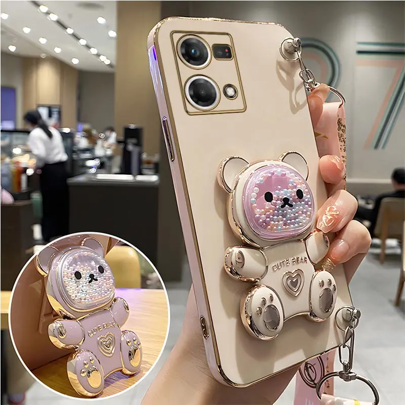 thumbnail image 1 of Quicksand Bear Holder Lanyard Phone Case For Oppo Reno9 Reno 7 8 9 Pro Plus 8T 4G 5G 5F 2 2Z 2F 3 5Lite 6Z 7SE Strap Stand Cover, 1 of 5
