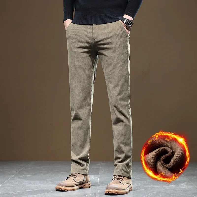 Men Corduroy Pants Winter Fleece Warm Slim Fit Stretch Thicken Casual Trousers