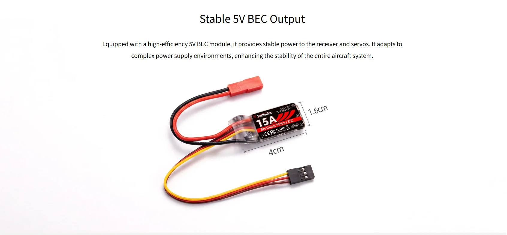 Radiolink RE15A 2S ESC Geschwindigkeitsregler mit integriertem 5V/2A BEC für bürstenlose Motoren RC Flugzeug Starrflügler A560 SU27 D460 Fluggeräte – Detail 6