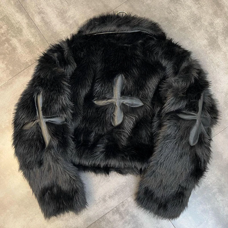 Winter Women Cotton Jacket Lapel Long Sleeve Patch Cross Short Fur Coat Black 2025 New