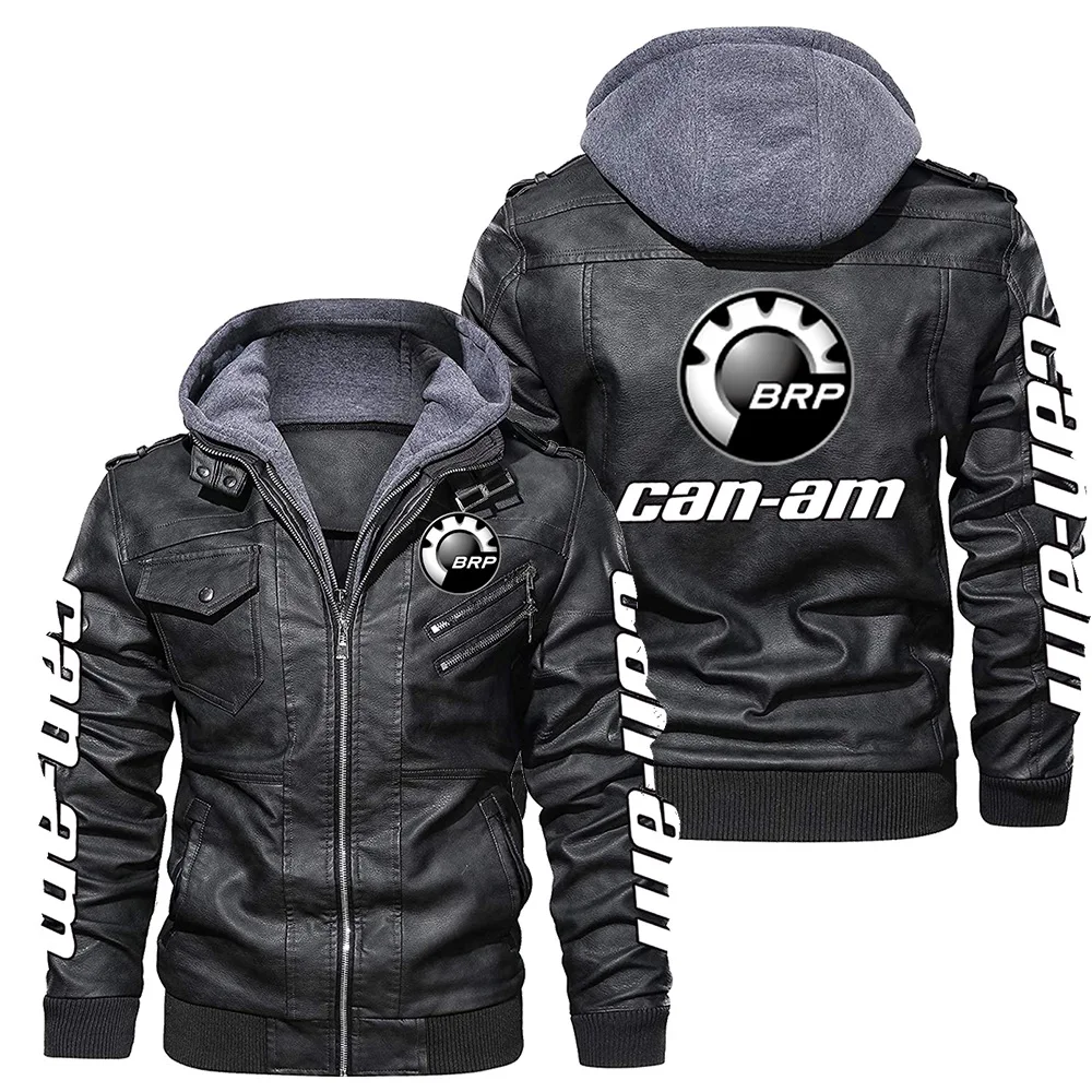 

2023 New Winter Men's BRP Can-am Logo Pu Leather Long Sleeve Zipper Hooded Jacket Fleece-lined Fashion Keep Warm Coat