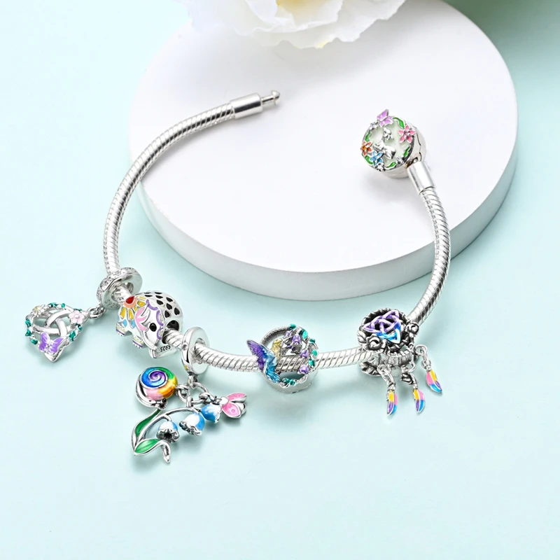 Original 925 Sterling Silver Charm Beads Clover Sunflower Tulip Carnation Pendant For Women Jewelry Fashion Gift 4