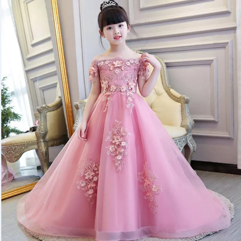 

Glizt Bead Appliques Flower Girl Wedding Dresses Long Trailing Girl Party Princess Birthday Dress First Communion Gown for Kid
