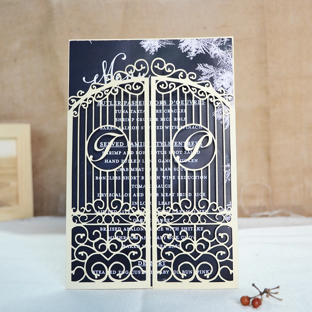 Invitation Card with Free Name , Laser Cut, Wedding Gate, Love Door, Engagement Party, Black, Pink, Gold, 10 Pcs