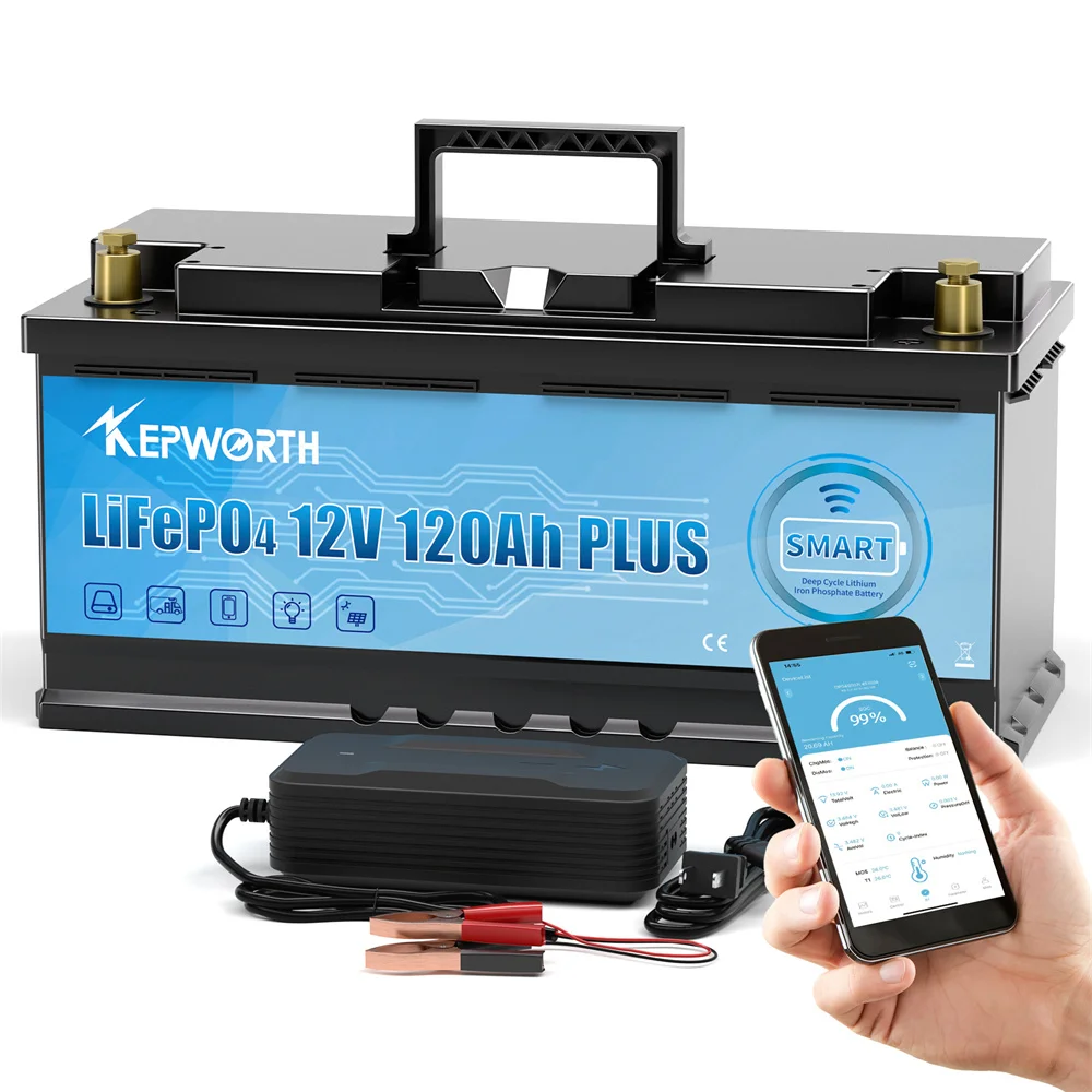 EU-Lager KEPWORTH 12V 120Ah LiFePO4-Akku mit 120A Bluetooth BMS, perfekt für Wohnwagen-Wohnmobil-Solarsystem – Detail 6