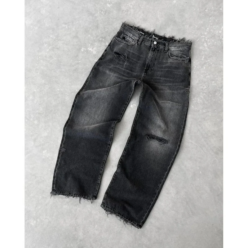 Deeptown Washed Ripped Distressed Jeans 여성 및 남성 홀 자수 와이드 레그 아메리칸 레트로 데님 바지 Baggy Punk Street