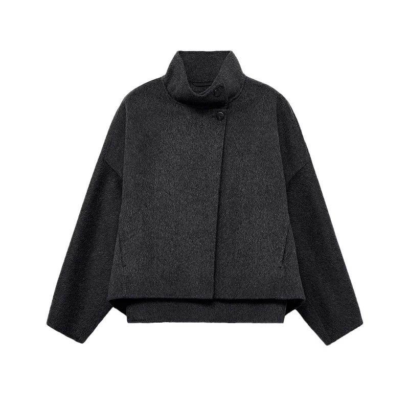 Stehkragen frauen Woll Kurze Mäntel Einreiher Lose Lange Hülse Tasche Jacke 2025, Herbst Weibliche Vintage Streetwear – Detail 1