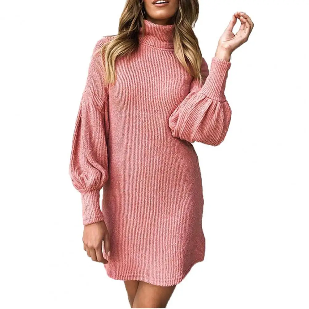 

Women Knitted Dress Women's Fall/winter Sweater Dress High Collar Neck Protection Long Lantern Sleeves Women Dress Vestidos