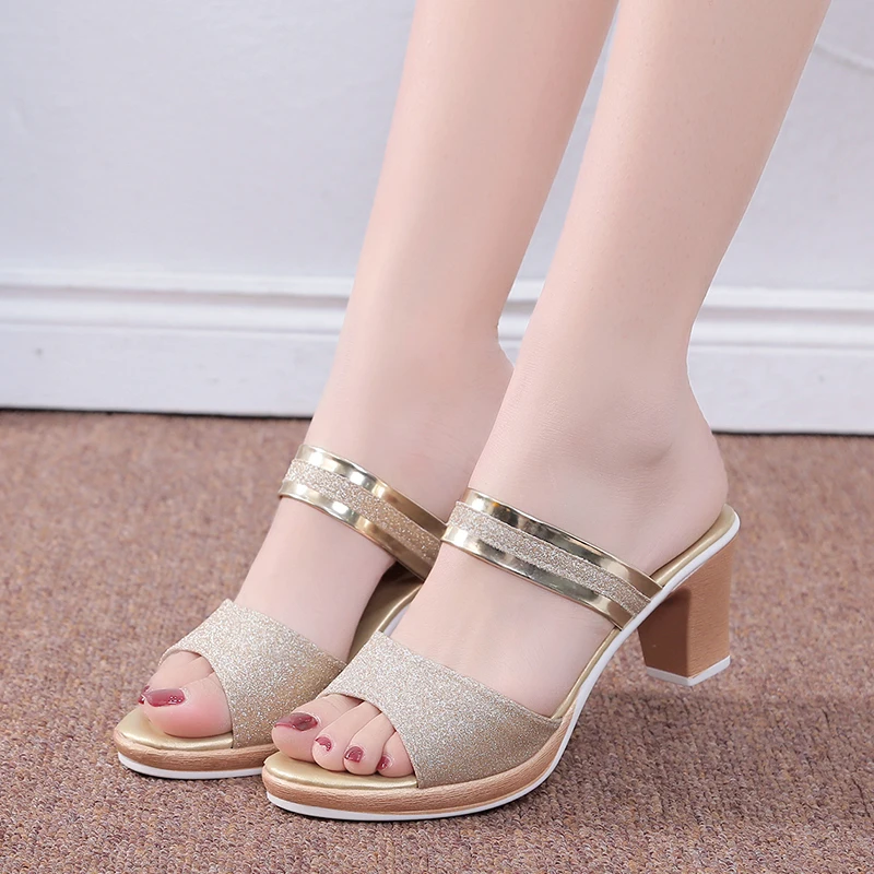 Ladies Sequin Fabric High Heels Buckle Cool High Heels Summer Casual Open Toe High Heels Ladies High Heels