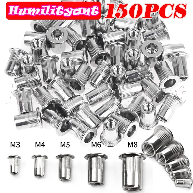 

150Pcs Steel Aluminum Flat Head Rivet Nuts Set M3 M4 M5 M6 M8 Riveting Nut Threaded Inserts Rivets Insert Kit