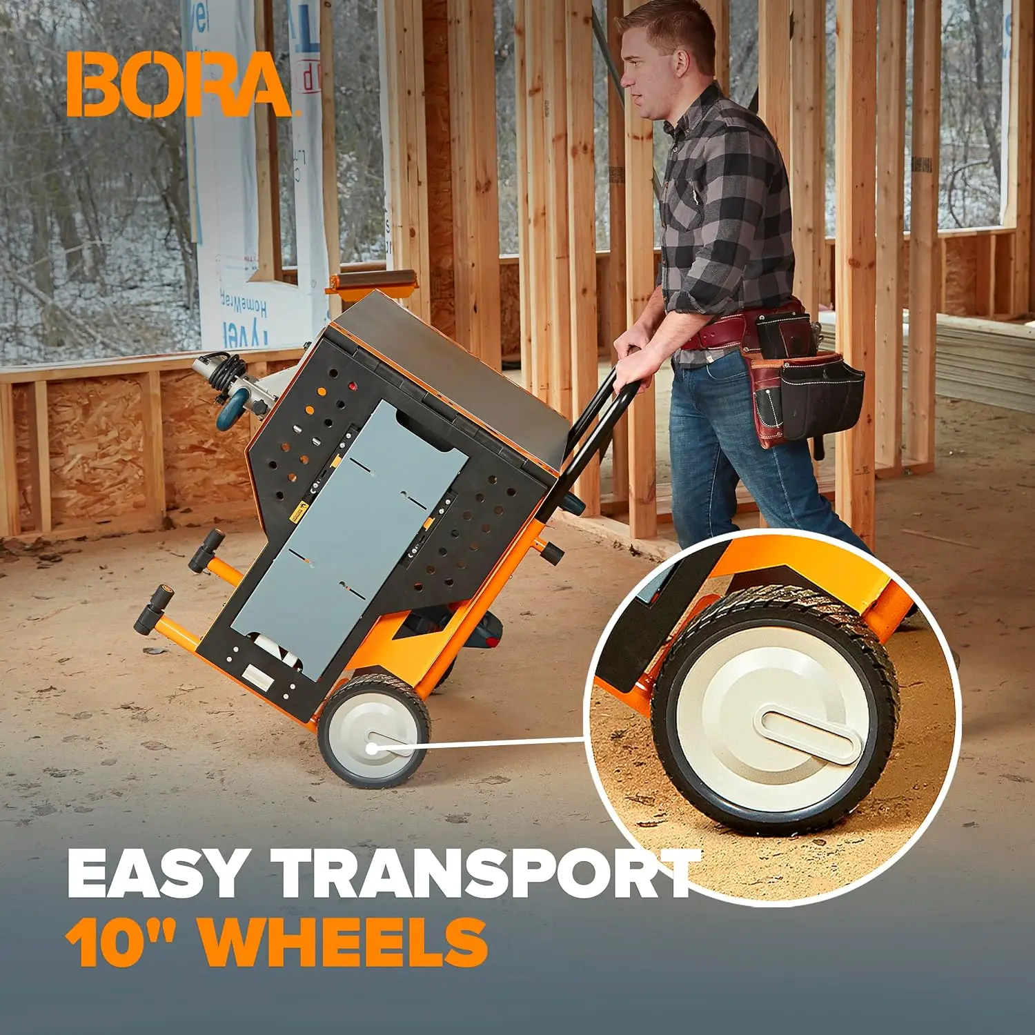 PM-8000 Miter Saw Stand Work Station Mobile Rolling Table Top Workbench Orange & Grey with Folding Wing Extensions Orange