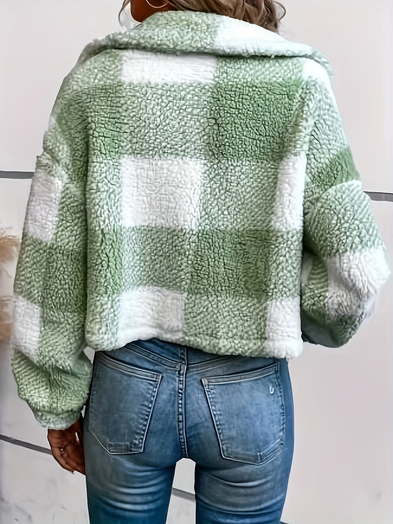 Veste teddy carreaux noir blanc femme boutonnée casual chic hiver