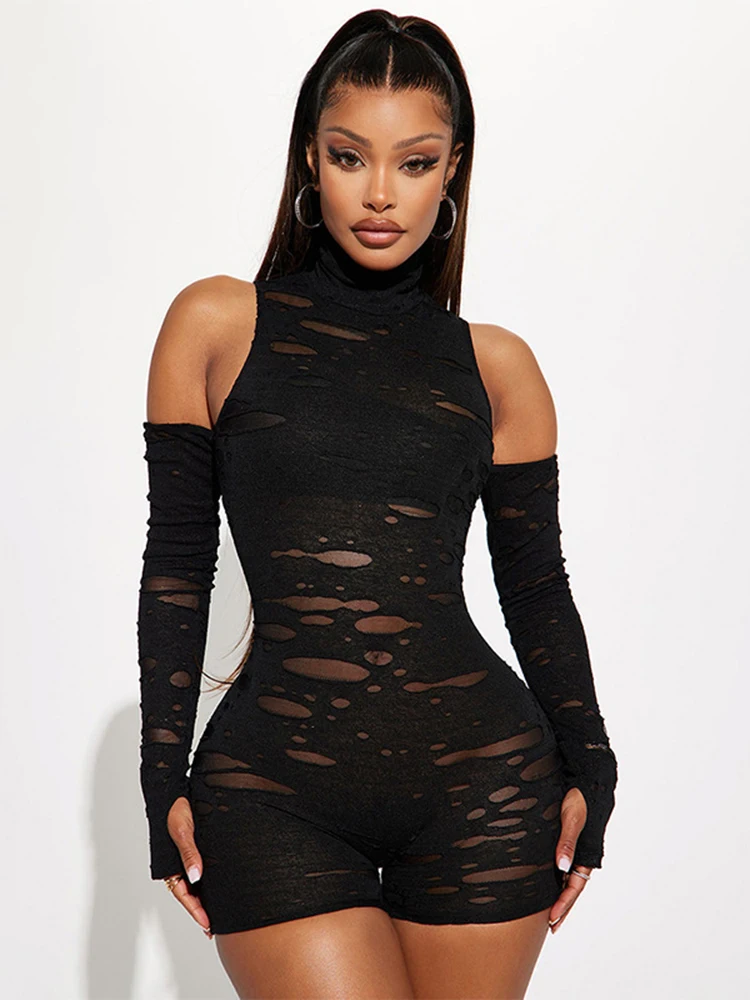 Sibybo Ladies Jumpsuit Sexy Off-the-shoulder Long-sleeved Mesh Playsuit Solid Color Turtleneck Casual Shorts Fall Women Clothing