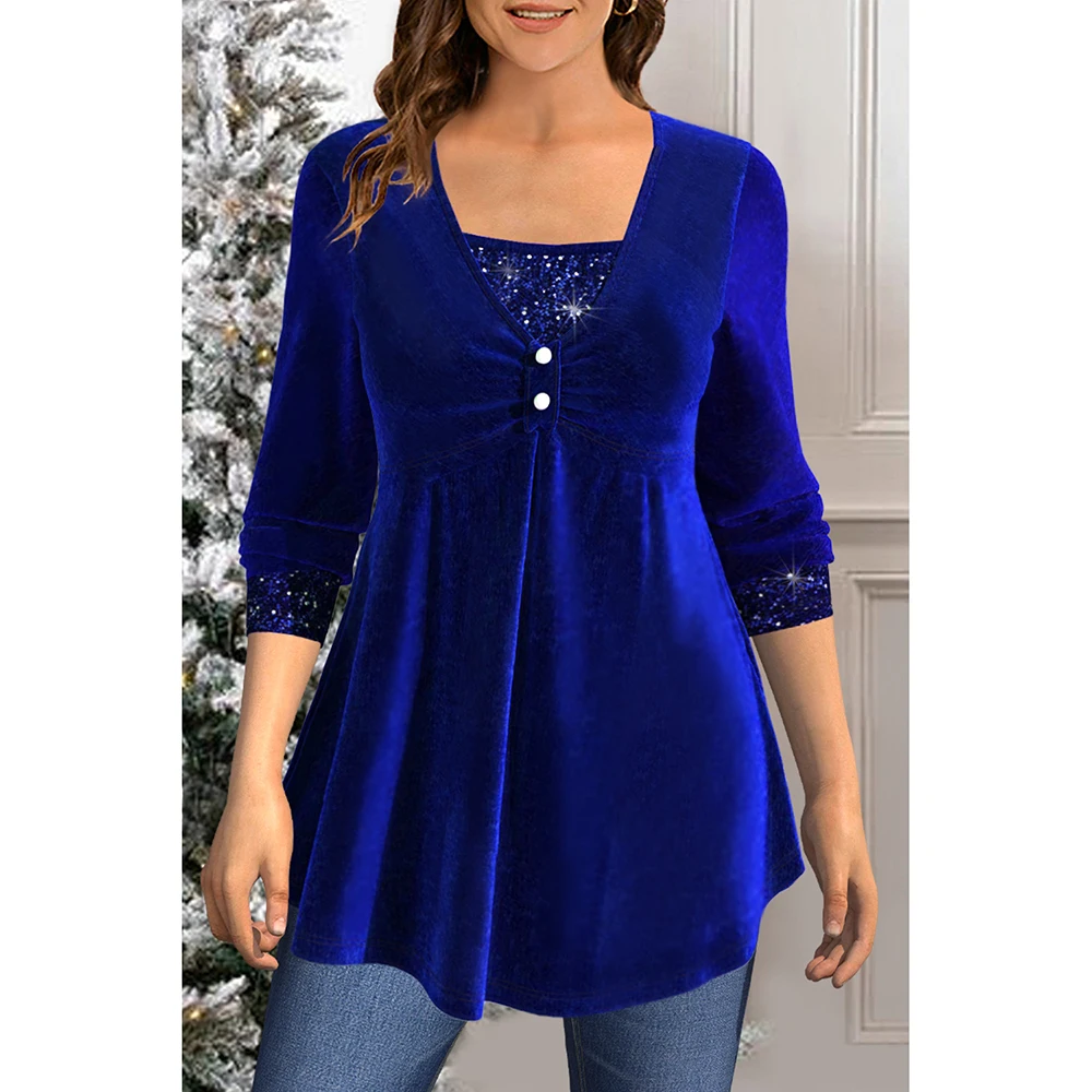 Plus Size Loose Dress Top Wide Royal Blue Christmas Glitter Sequin Button Pleated Tunic 2 in 1 Commuter Long Sleeve Shirt