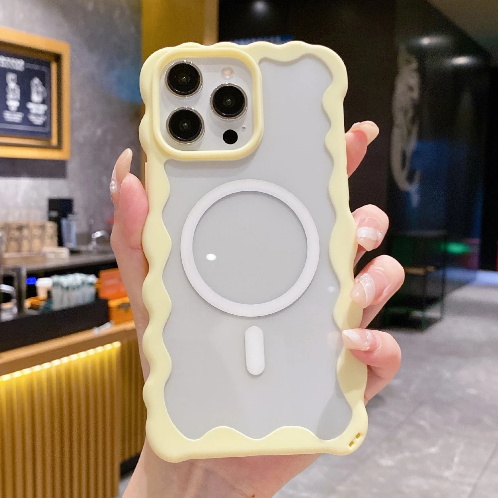 Cream Curly Wave Border Magnetic Case For iPhone 11 12 13 14 Plus 15 16 Pro Max Transparent For Magsafe Wireless Charge Cover_voghion.com