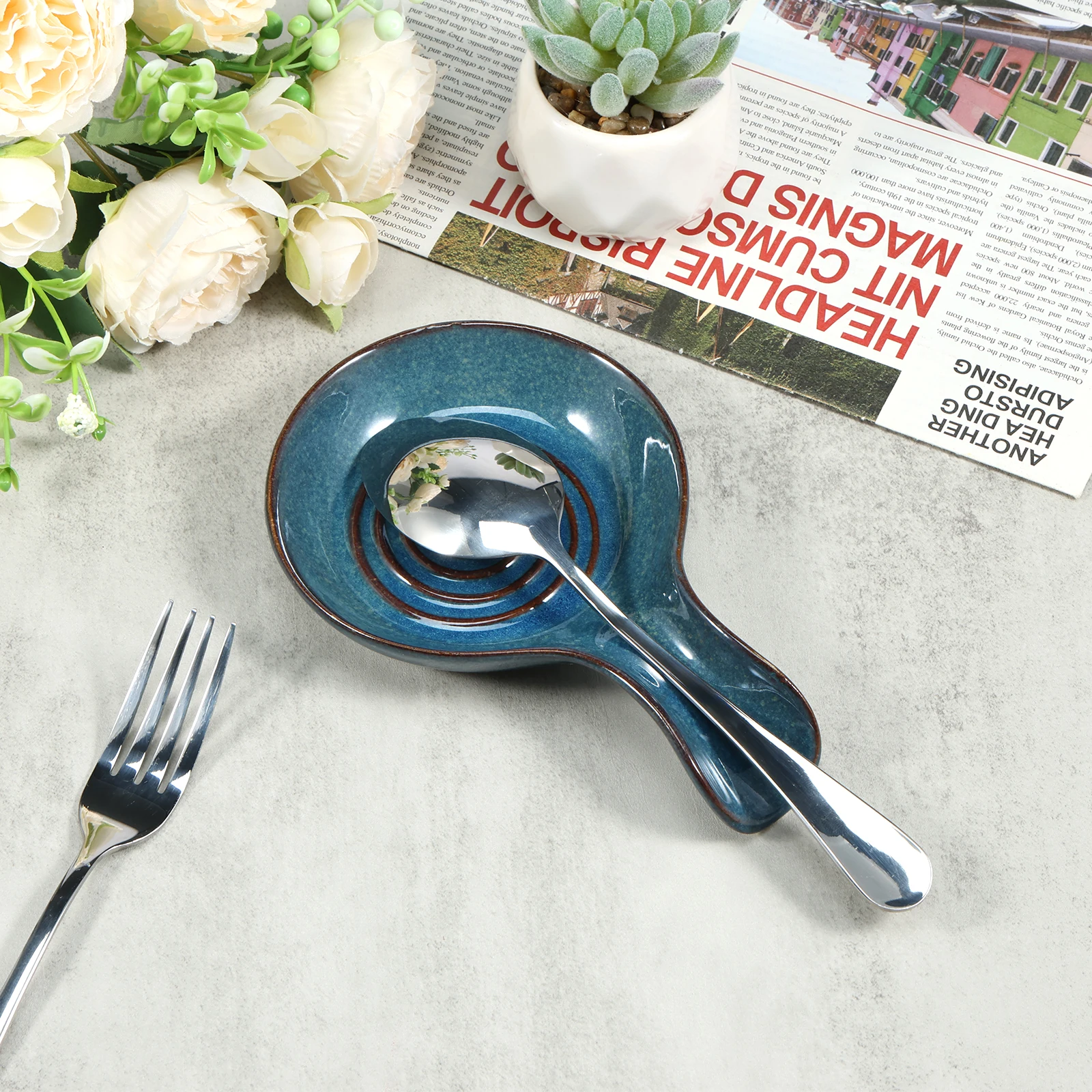 Spoon Rest Large Ceramic Spoon Holder Heat-Resistant Cooking Spoon Rest Coffee Spoon Holder Dishwasher Safe Ceramic Spoon Rest