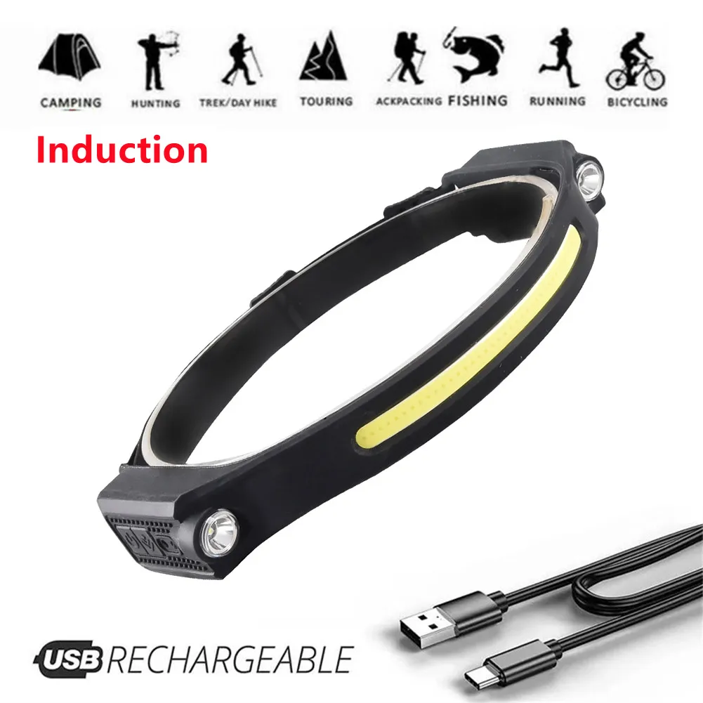 

COB LED Headlamp Sensor Headlight With Built-in Battery Torch Flashlight Work Lights Bar Head Band USB Rechargeable Go Beam 230°