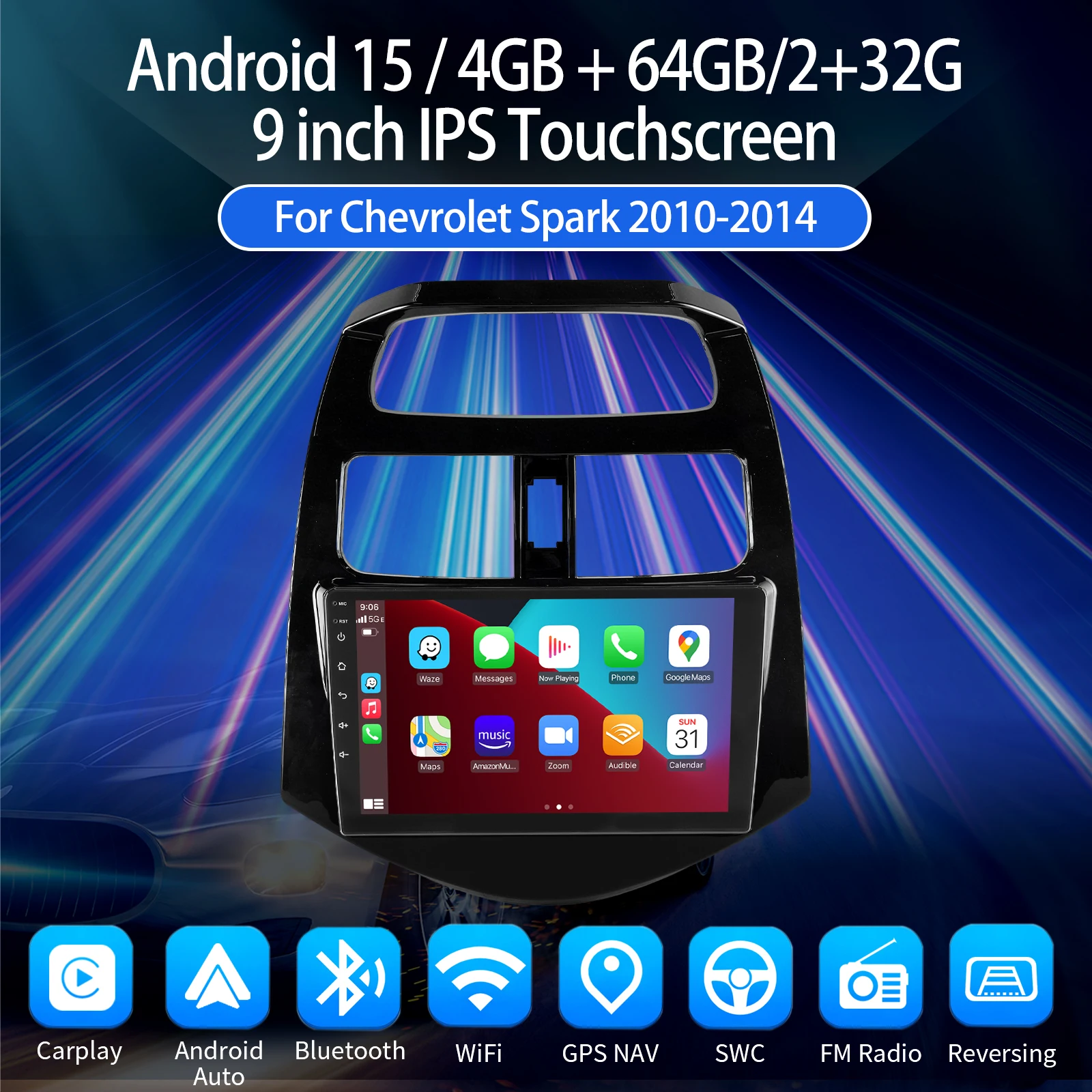 Autoradio ESSGOO Android 15 9 Zoll 4+64G 2+32G Für Chevrolet Spark 2010-2014 GPS Navigation Wireless CarPlay Android Auto WIFI RDS FM 6+128G Bluetooth Lenkradsteuerung Mirror Link Touchscreen – Detail 10