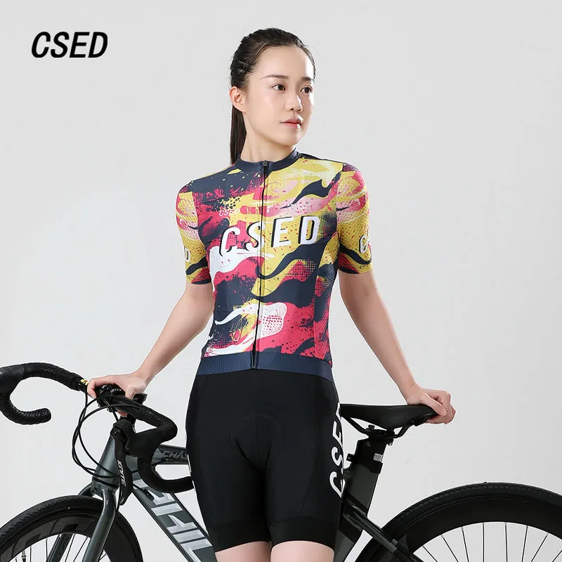 CSED Cycling Jersey Summer Bicycle Riding Clothes Bunting Women's Short Sleeve Bike Clothing Top Shirt Full Zipper Breathable
