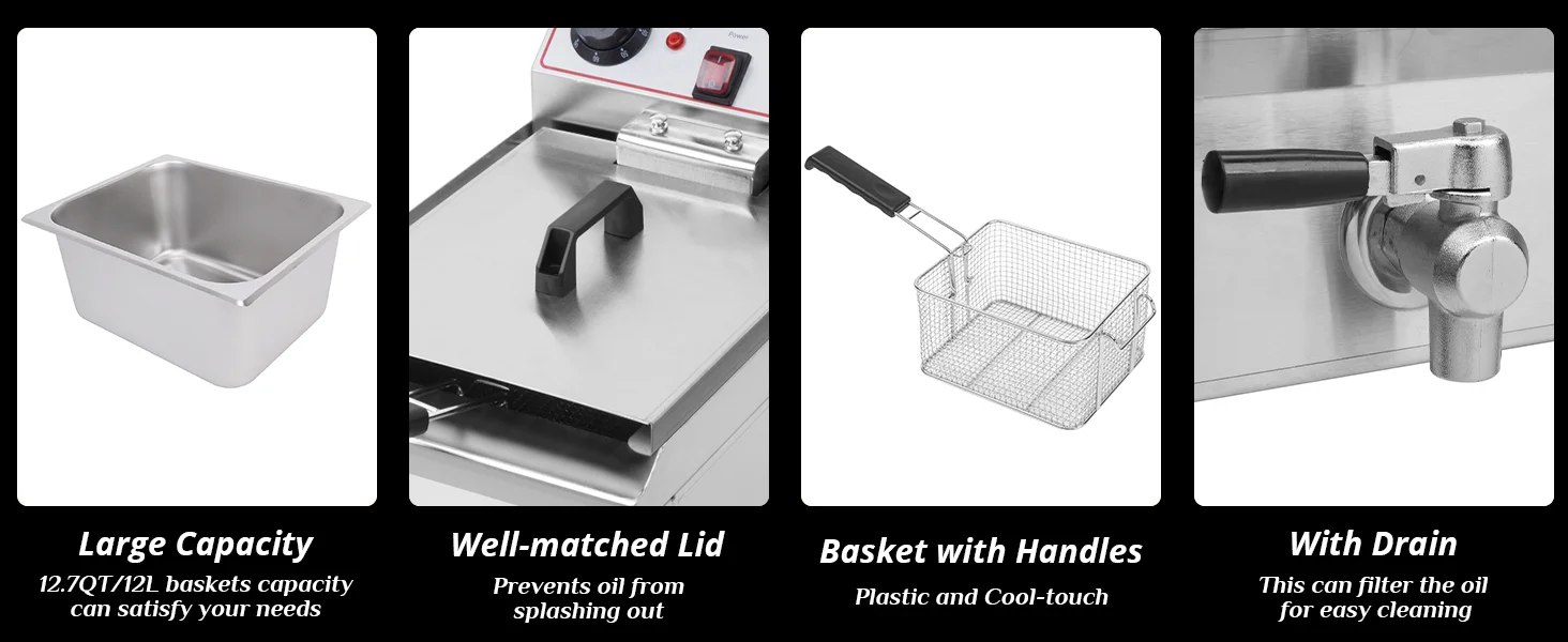 Description Picture 5 of item12.5QT Electric Deep Fryer with Time Control & Oil Filtration, 11.8L Countertop Stainless Steel w/Temperature Control & B