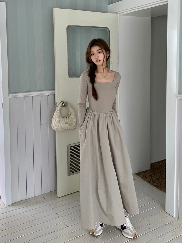 Casual Knitted Midi Dresses for Women Solid Long Sleeves Square Collar A-line Autumn New Elegant Dress Female Slim Vestidos
