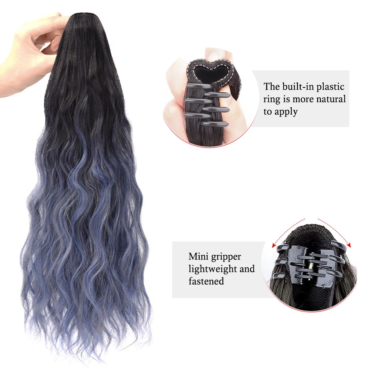 Synthetic water ripple clip ponytail gradient multicolor women's ponytail hair extension wig heat-resistant 18 inches