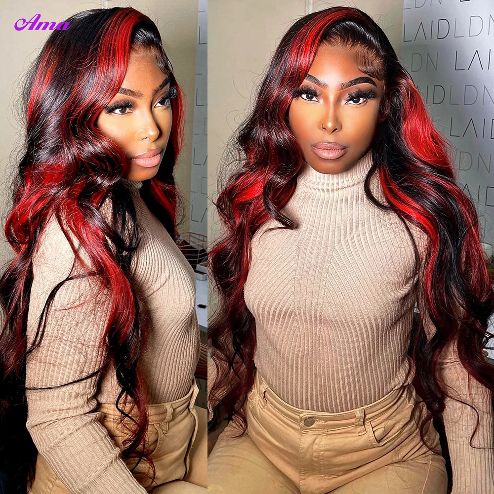 1B Red Highlight Wig Human Hair 180% Density Body Wave Lace Front Wig 13x4 Ombre Colored Lace Front Human Hair Wigs For Women