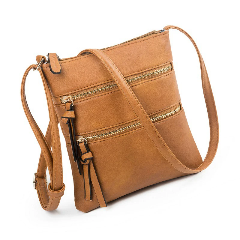 Ladies Crossbody PU Leather Leisure Pure Color Multifunctional Pocket Double Zipper Vertical Women's Bag Shoulder Bag